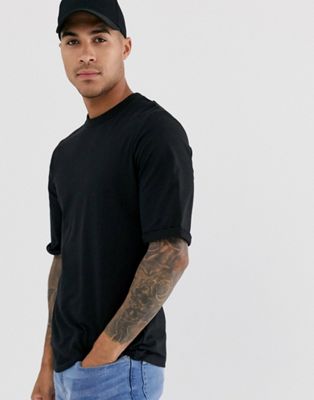 ASOS DESIGN - T-shirt met ronde hals en halfomgeslagen mouwen in zwart
