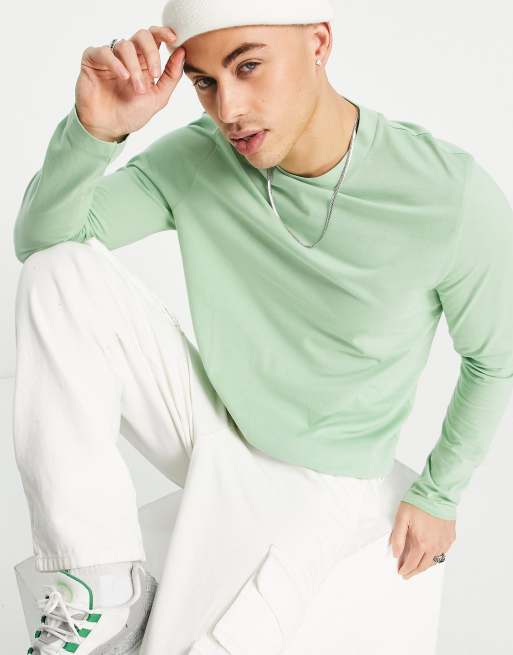 ASOS DESIGN - T-shirt met ronde hals en lange mouwen in groen - LGREEN