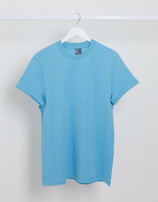 ASOS DESIGN - T-shirt met ronde hals en omgeslagen mouwen in blauw 