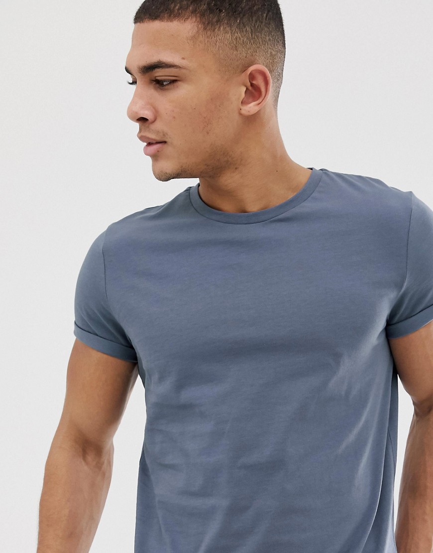 ASOS DESIGN - T-shirt met ronde hals en omgeslagen mouwen in grijs
