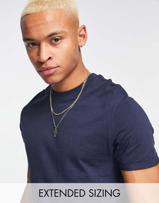 ASOS DESIGN - T-shirt met ronde hals en omgeslagen mouwen in marineblauw