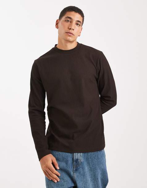 ASOS DESIGN - T-shirt met ronde hals, textuur en lange mouwen in bruin - view 1