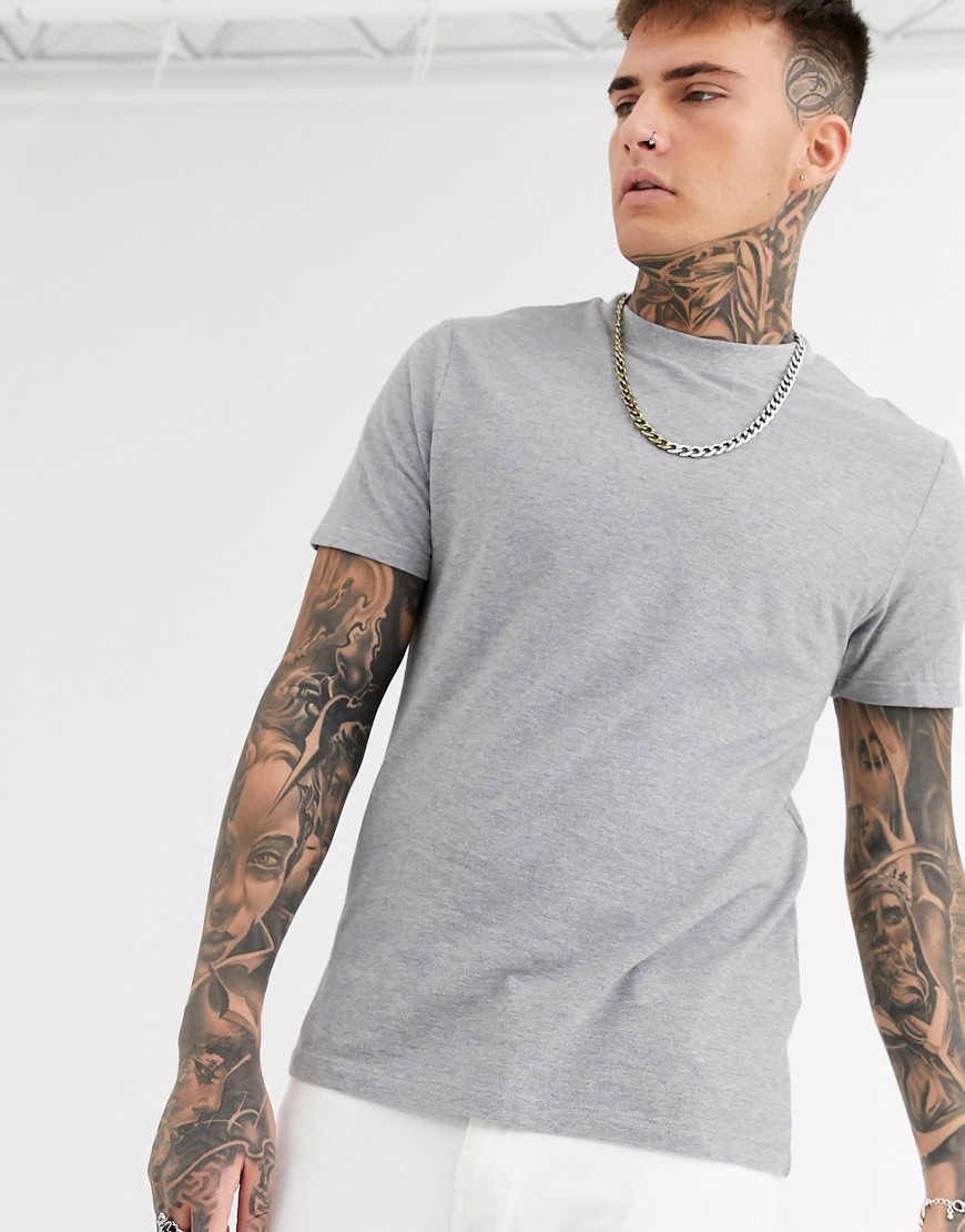 ASOS DESIGN - T-shirt met ronde hals van piqué in gemêleerd grijs