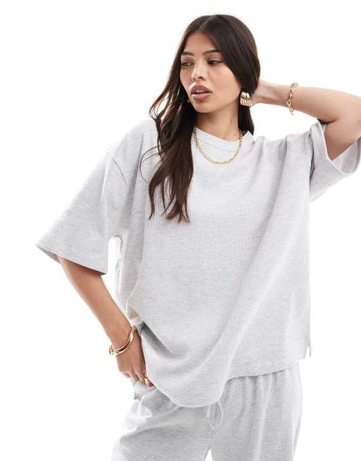 ASOS DESIGN - T-shirt met wafelstructuur in gemêleerd ijsgrijs, deel van co-ord set