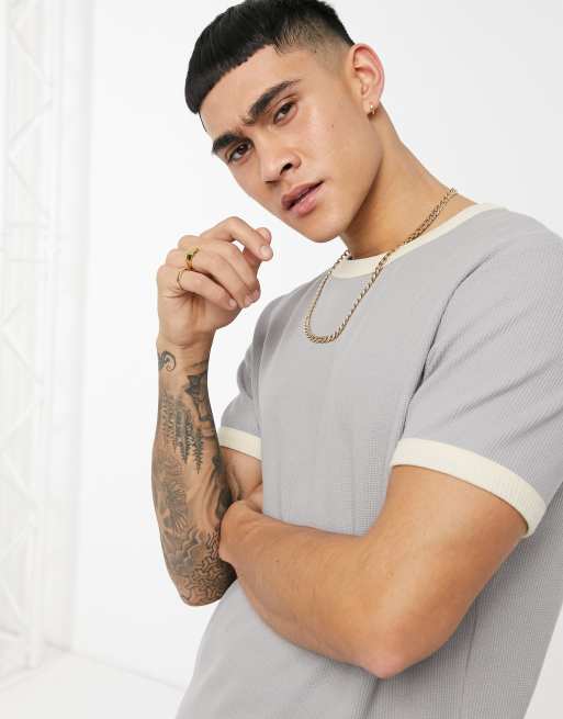 ASOS DESIGN - T-shirt met wafelstructuur in grijs met beige randen
