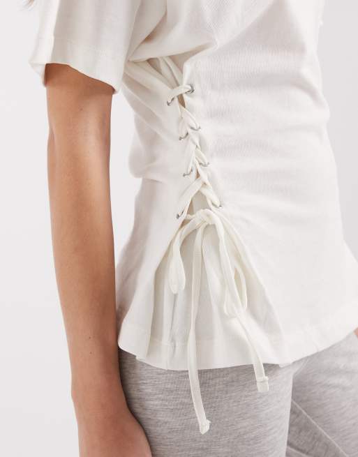 ASOS DESIGN - T-shirt met zijkant met veters in crème, 4 van 4