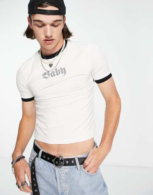 ASOS DESIGN - T-shirt micro bianca con bordi a contrasto e stampa 