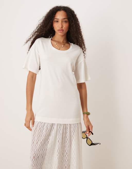 ASOS DESIGN T-shirt midi dress with crochet dropped waist in white, 2 of 4