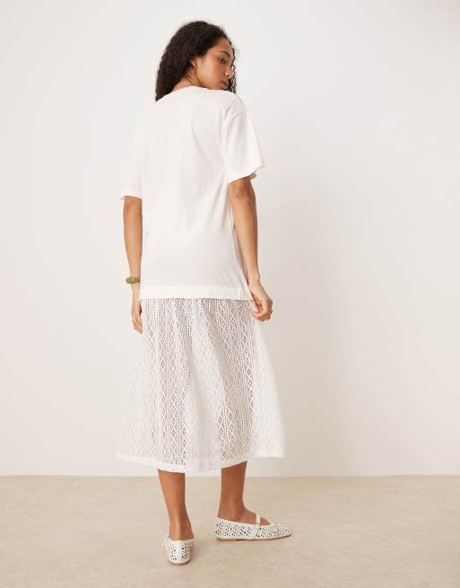 ASOS DESIGN T-shirt midi dress with crochet dropped waist in white, 4 of 4