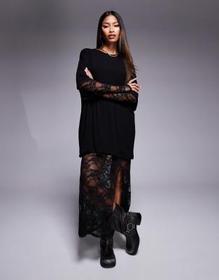 Asos Design T-shirt Midi Dress With Lace Skirt In Black