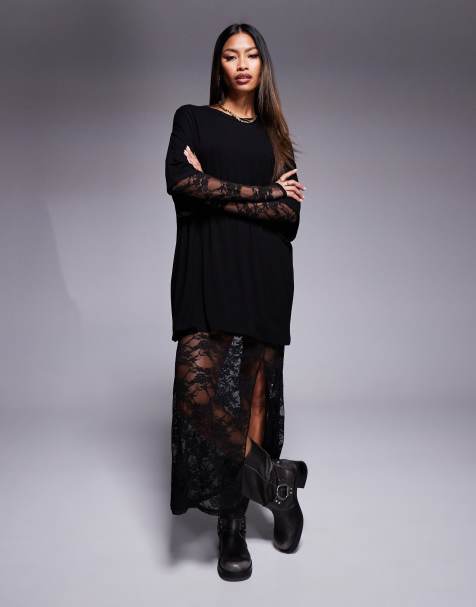 ASOS DESIGN t-shirt midi dress with lace skirt in black - view 1