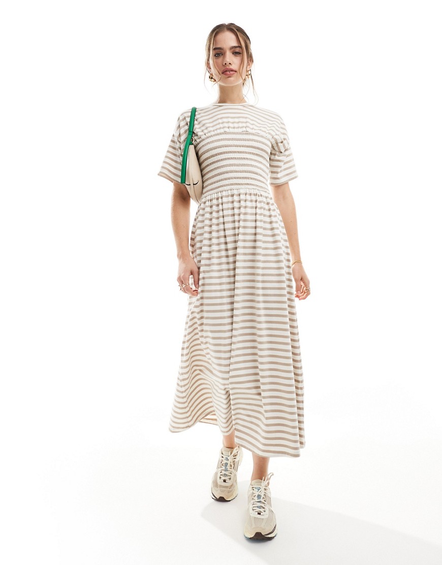 Asos Design T-shirt Midi Dress With Shirred Bust In Cream And Taupe Stripe-multi