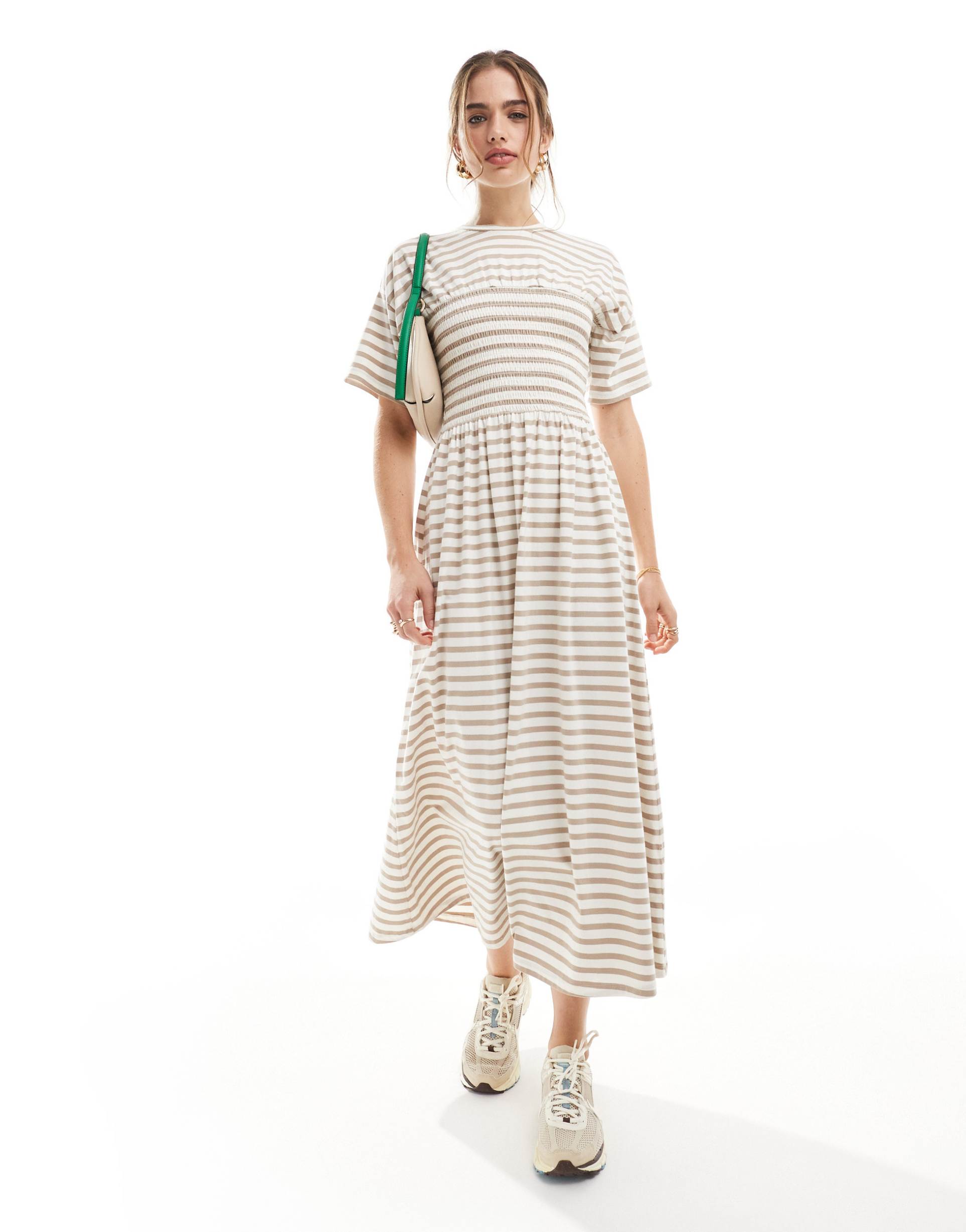 asos design t-shirt midi dress with shirred bust in cream and taupe stripe