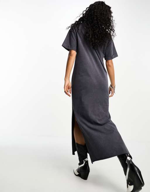 ASOS DESIGN t-shirt midi dress with split hem and graphic in washed grey