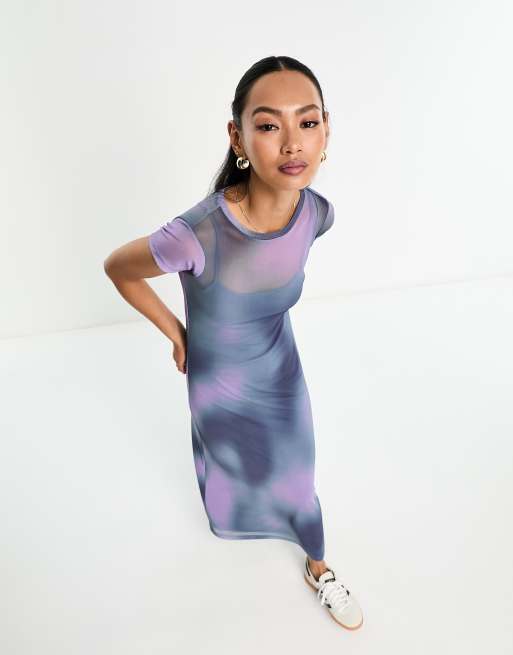 ASOS DESIGN t shirt midi mesh dress in blue blurred print