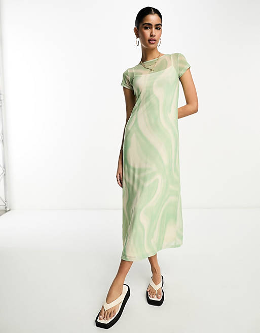 ASOS DESIGN t shirt midi mesh dress in green marble print