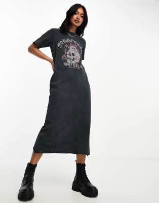 ASOS DESIGN - T-Shirt-Midikleid in verwaschenem Anthrazit mit Totenkopf-Grafikprint-Grau