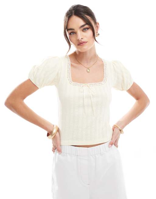 ASOS DESIGN - T-shirt milkmaid corta e stretta color limone con volant sul collo