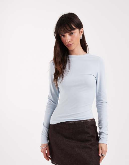 ASOS DESIGN - T-shirt mini a maniche lunghe taglio lungo azzurra morbida