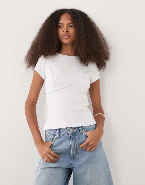 ASOS DESIGN - T-shirt mini bianca a coste con cuciture a vista - view 1