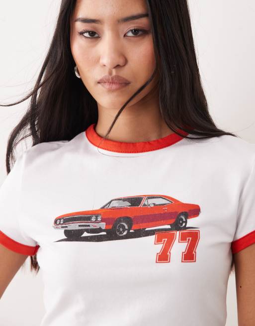 ASOS DESIGN - T-shirt mini bianca e rossa con grafica di auto e 77, 3 di 4