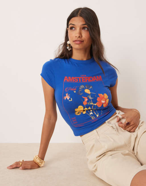 ASOS DESIGN - T-shirt mini blu con stampa “Amsterdam” a fiori
