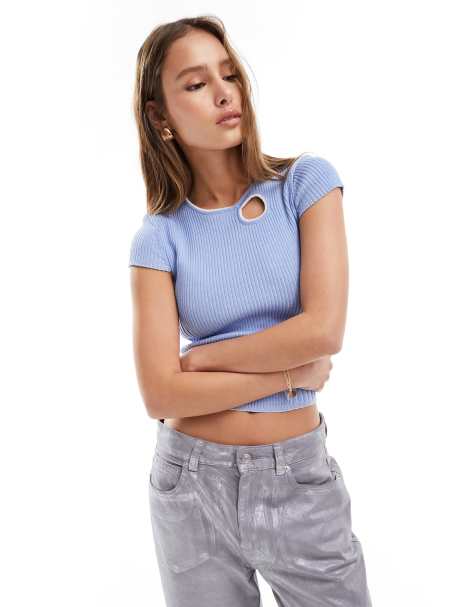 ASOS DESIGN - T-shirt mini blu in maglia a pieghe con finiture a contrasto - view 1