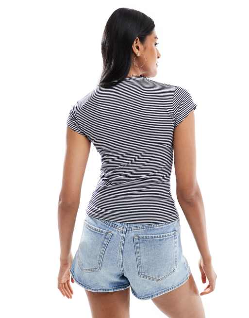 ASOS DESIGN - T-shirt mini blu navy a righe con grafica con fico, 4 di 4