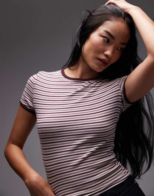 ASOS DESIGN - T-shirt mini color prugna a righe con bordi a contrasto