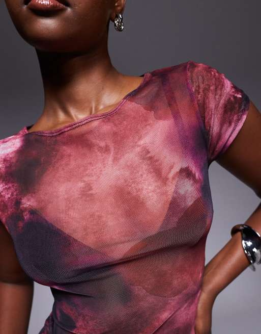 ASOS DESIGN - T-shirt mini con stampa a fiori rosa oversize in rete, 3 di 4