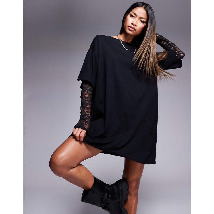 ASOS DESIGN t shirt mini dress with lace sleeves in black ASOS