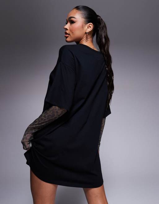 ASOS DESIGN t-shirt mini dress with mesh leopard print sleeves