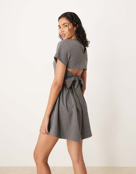 ASOS DESIGN t shirt mini dress with open back tie detail in grey pinstripe - view 1