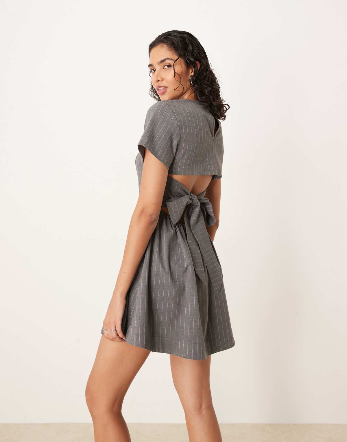 ASOS DESIGN t shirt mini dress with open back tie detail in grey pinstripe