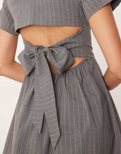 ASOS DESIGN t shirt mini dress with open back tie detail in grey pinstripe, 4 of 4