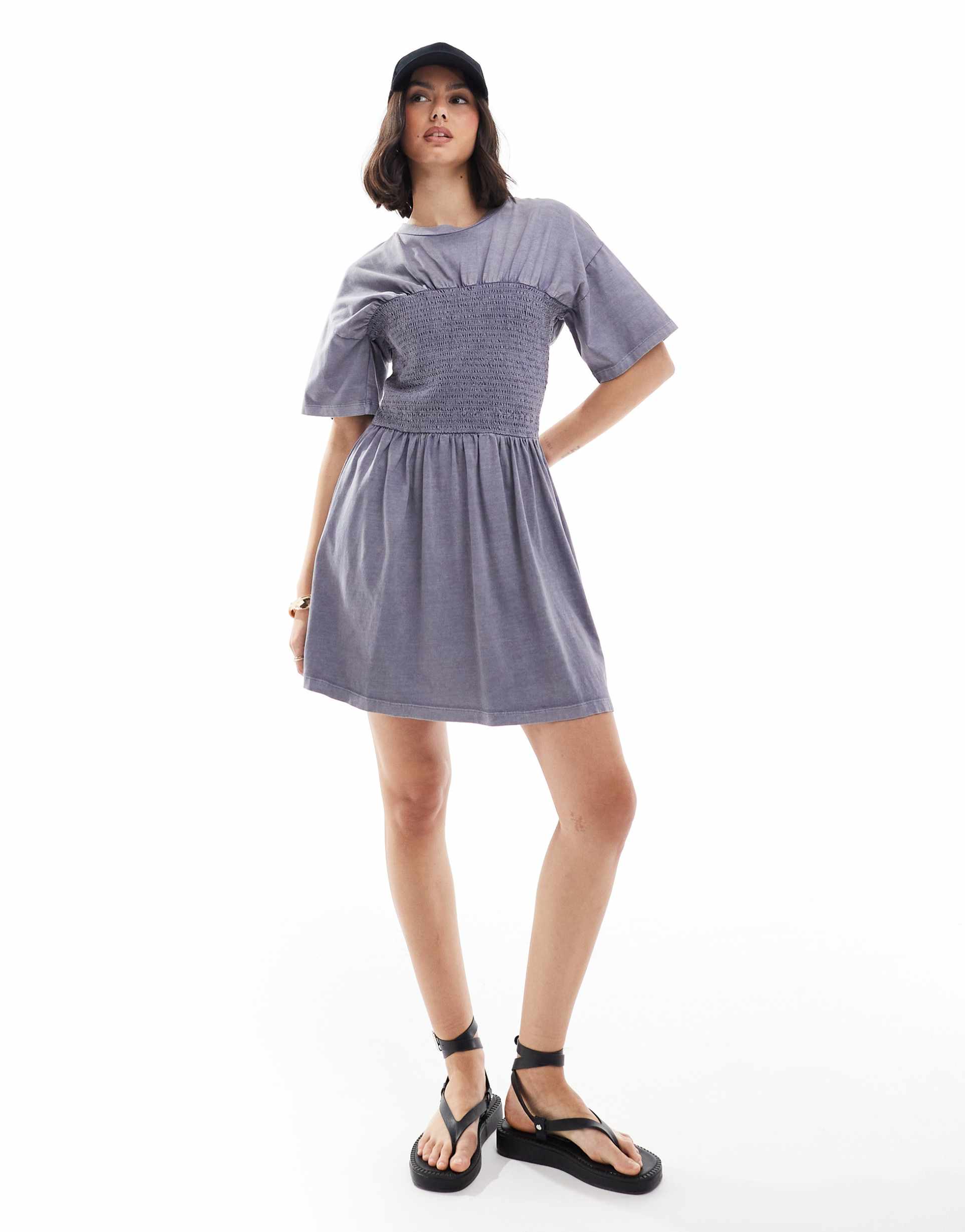 asos design t-shirt mini dress with shirred bust in blue wash