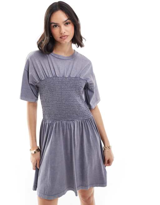 ASOS DESIGN t-shirt mini dress with shirred bust in blue wash