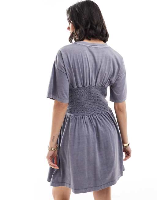 ASOS DESIGN t-shirt mini dress with shirred bust in blue wash
