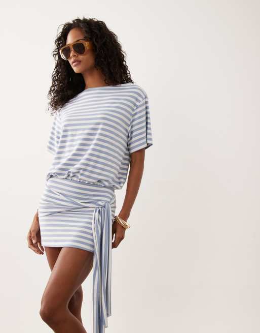 ASOS DESIGN T-shirt mini dress with tie detail in light blue and white  stripes | ASOS