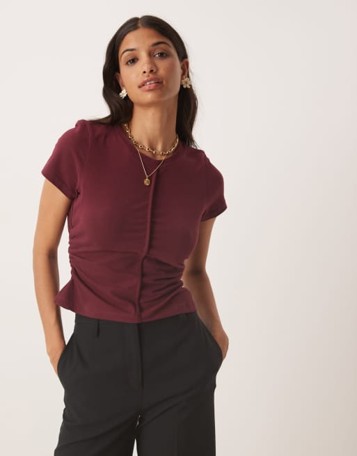 ASOS DESIGN - T-shirt mini in cotone pettinato bordeaux con dettaglio in vita