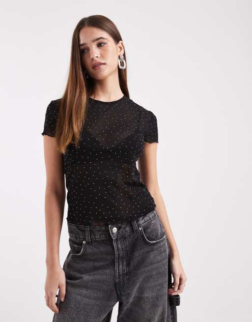 ASOS DESIGN - T-shirt mini in rete nera testurizzata con dettagli fissati a caldo