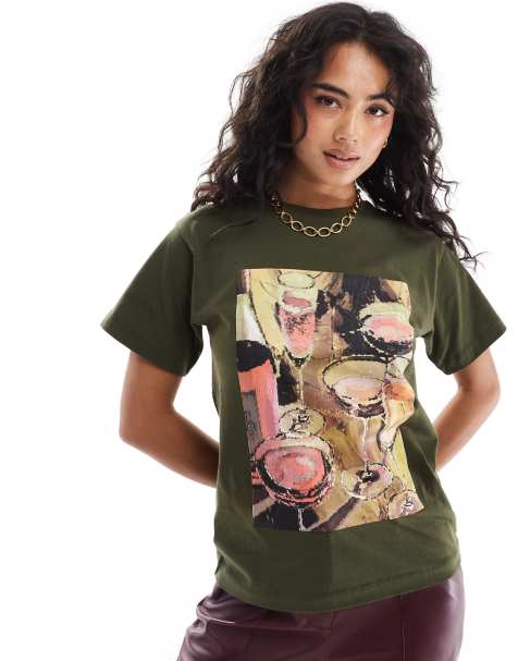 ASOS DESIGN - T-shirt mini kaki con grafica con bicchieri di vino - view 1