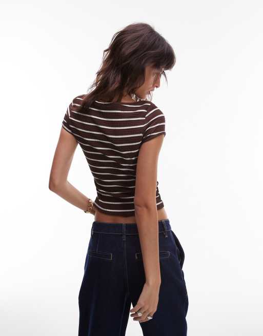 ASOS DESIGN - T-shirt mini marrone e crema a righe testurizzata a coste con scollo a barchetta, 2 di 4