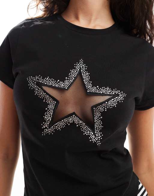 ASOS DESIGN - T-shirt mini nera con stella in rete decorata con dettagli applicati a caldo, 3 di 4