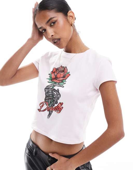 ASOS DESIGN - T-shirt mini rosa con stampa di rosa