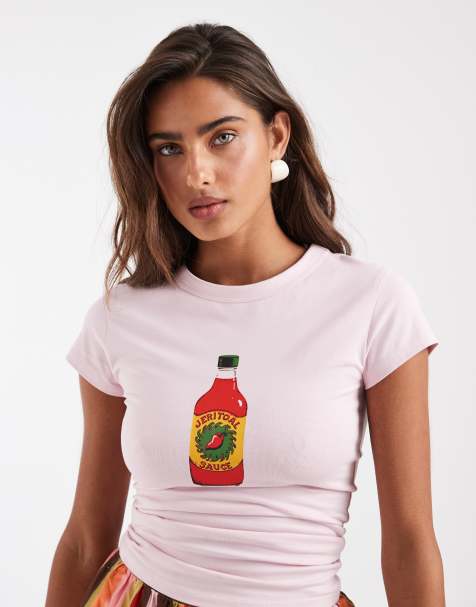 ASOS DESIGN - T-shirt mini rosa confetto con grafica salsa piccante ricamata - view 1
