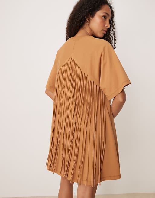 fringe t shirt dress Farm Rio Nature Is The Future Fringes In Black Multi weather outings Fringed mini dress burnt orange