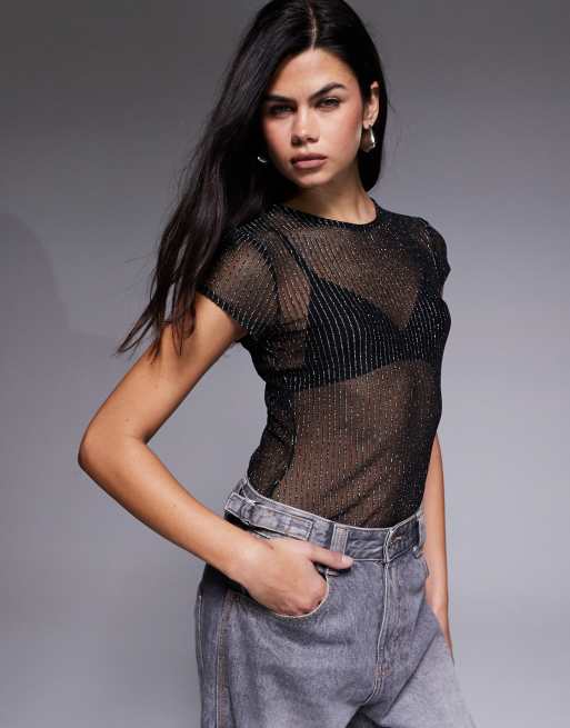 ASOS DESIGN - T-shirt mini taglio lungo nera semitrasparente a righe metallizzate