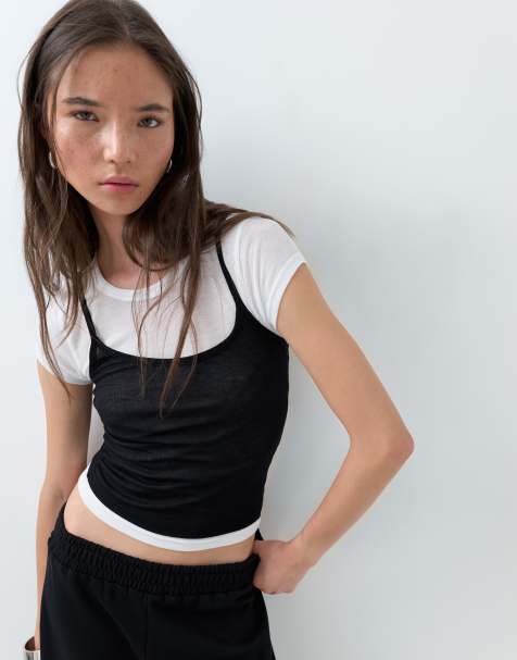 ASOS DESIGN T-Shirt mit kurzen Ärmeln und Camisole-Overlay in Schwarz-Weiß - view 1