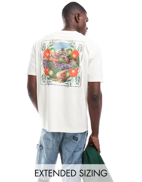ASOS DESIGN – T-Shirt mit lockerer Passform in Wollweiß mit Blumenaufdruck am Rücken - view 1